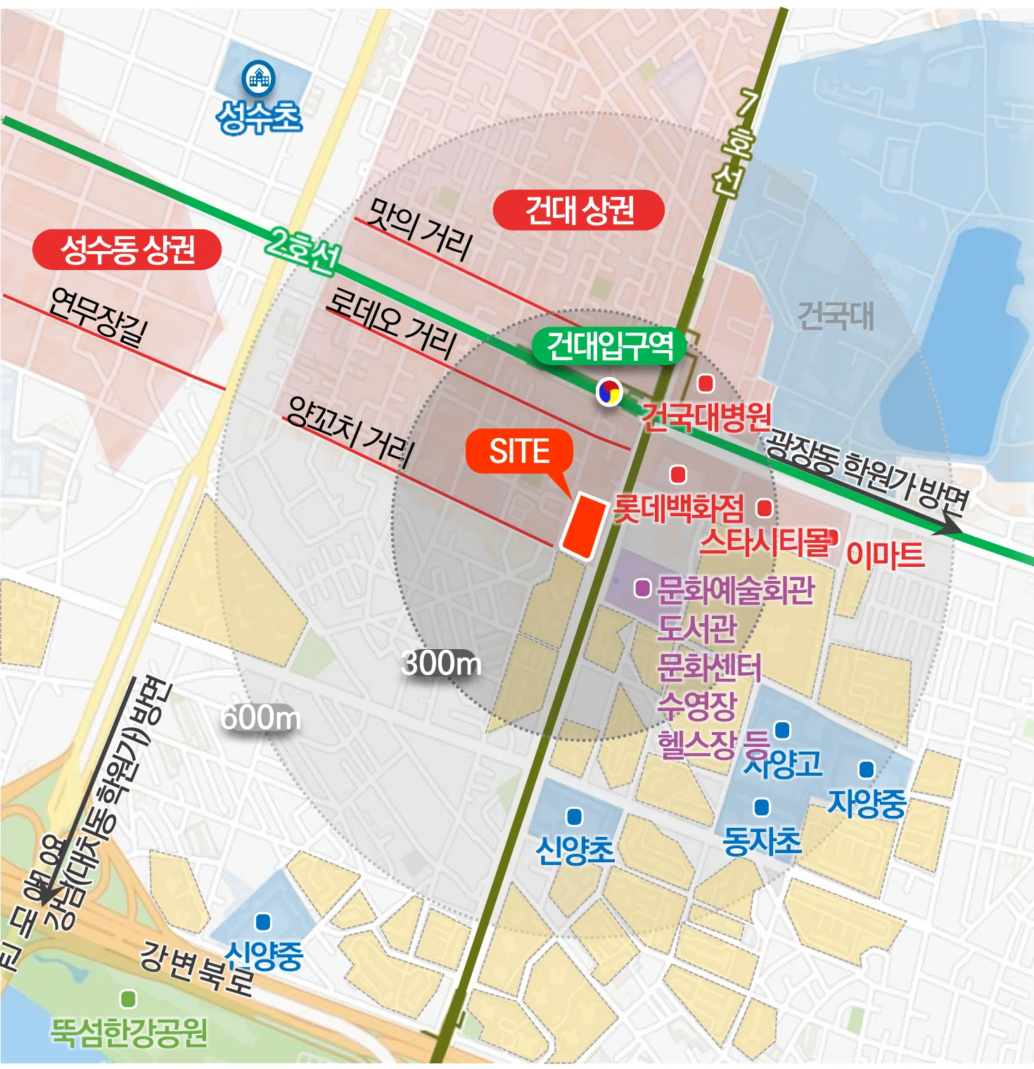 더라움 펜트하우스 입지도 — 건대입구역 도보 1분